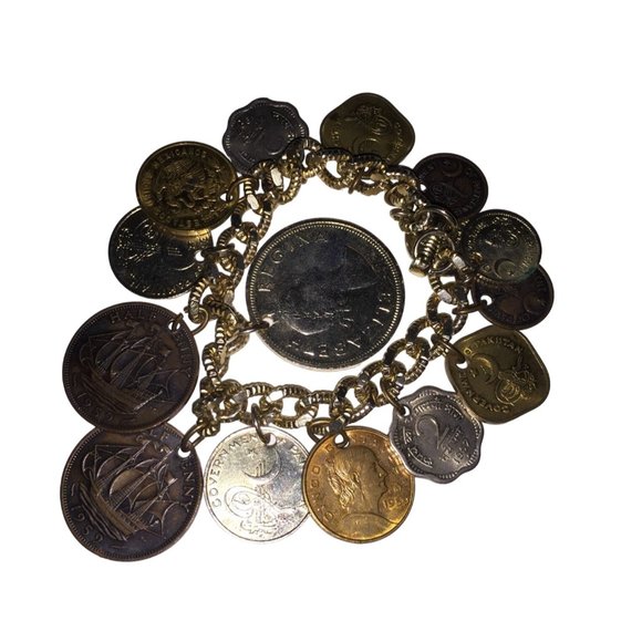 Vintage 1950s Older Foreign Coin Bracelet - Coins from Around the World - Picture 1 of 11